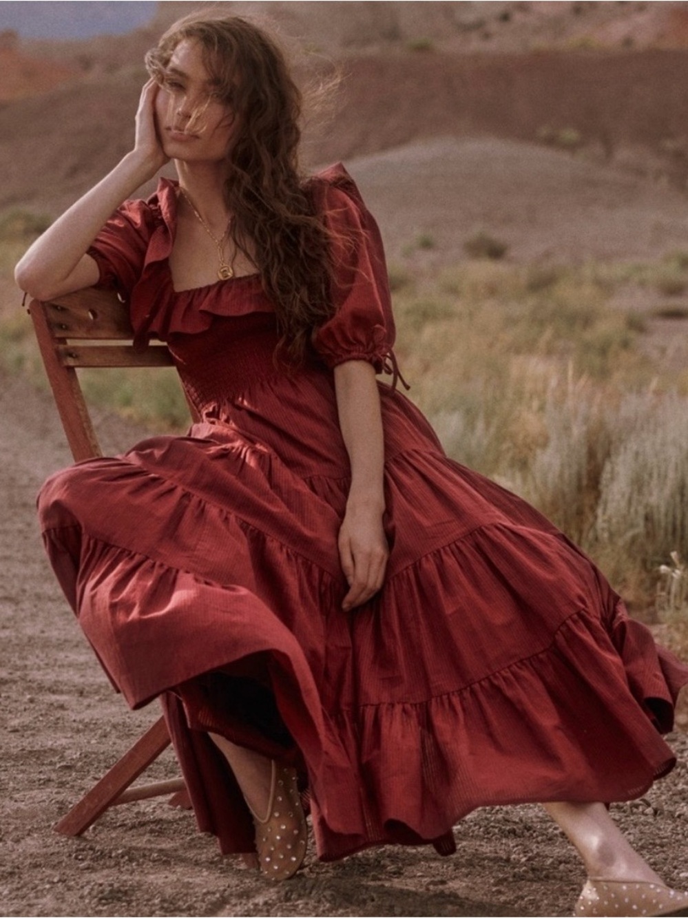 Hill House Corinne Smocked Cotton Ruffle Tiered Maxi Dress in Burgundy XS